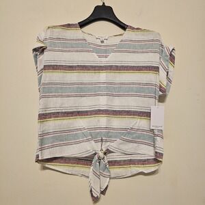 West Bound Women's Top Small Short Sleeve Blue White V-neck Front Tie Petite New